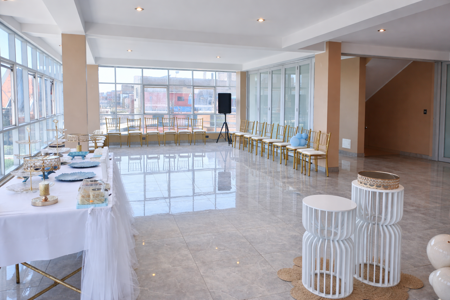 Modern lounge area with comfortable seating for networking and cocktails